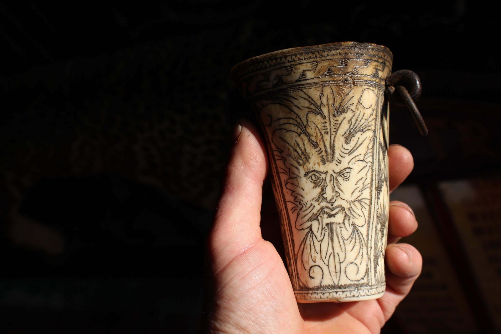 photo furniture 18th Century Ox Bone Carved Riding Hunting Cups Classical Figures Green Man