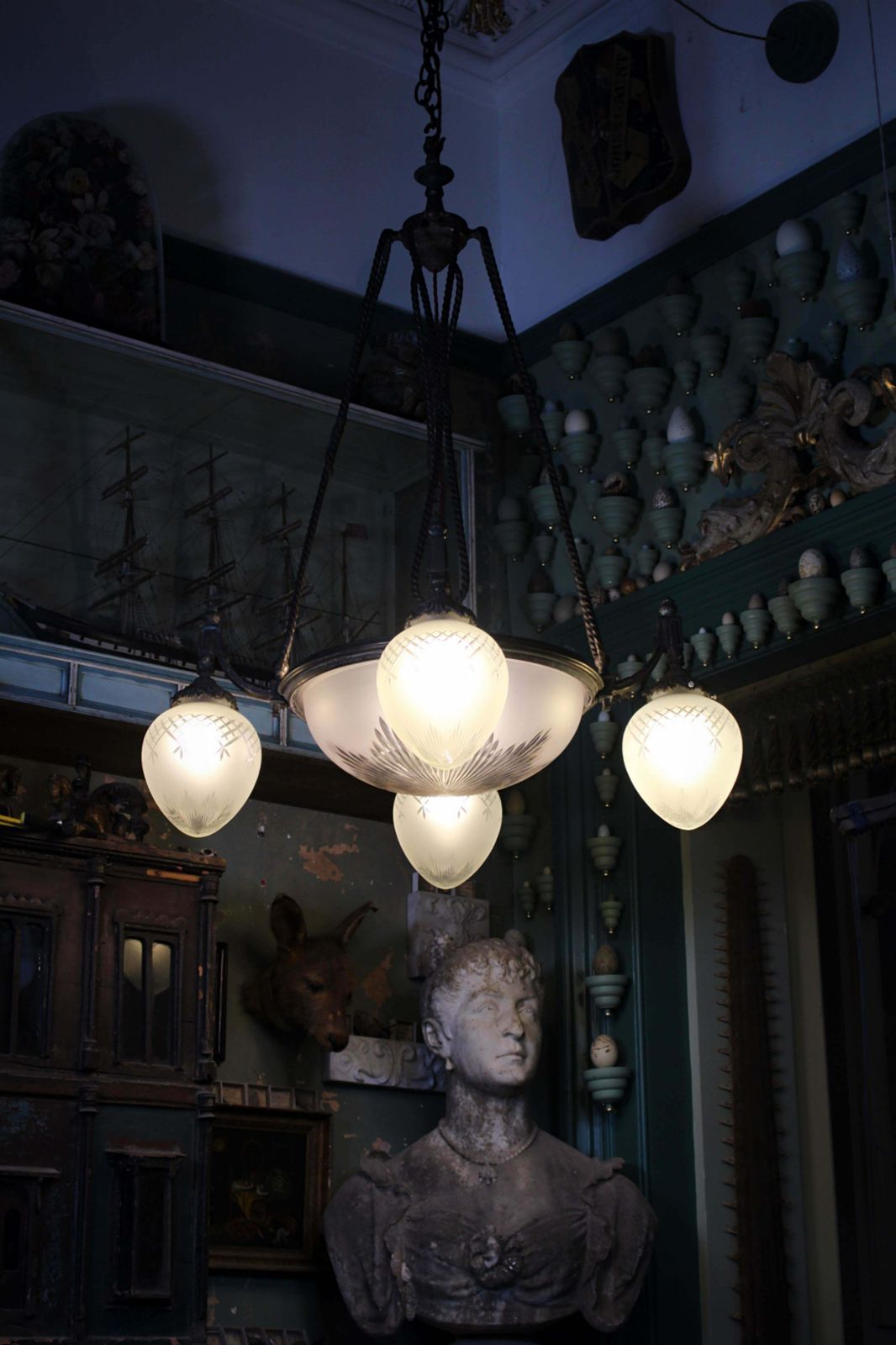 Large 19th C Regency Revival Bronze & Glass English Chandelier Pendant Light photo Lighting