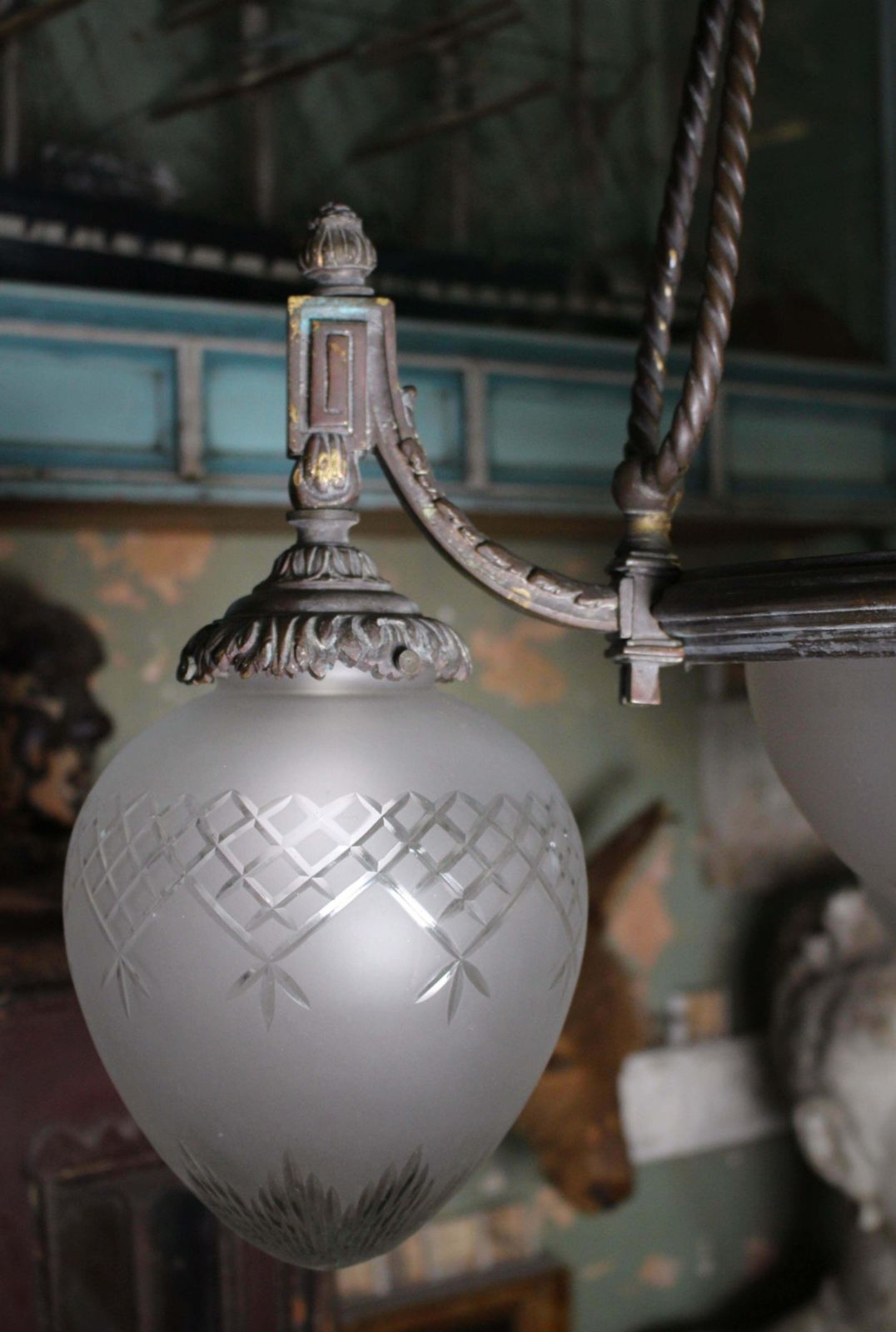 2550.0 Large 19th C Regency Revival Bronze & Glass English Chandelier Pendant Light photo