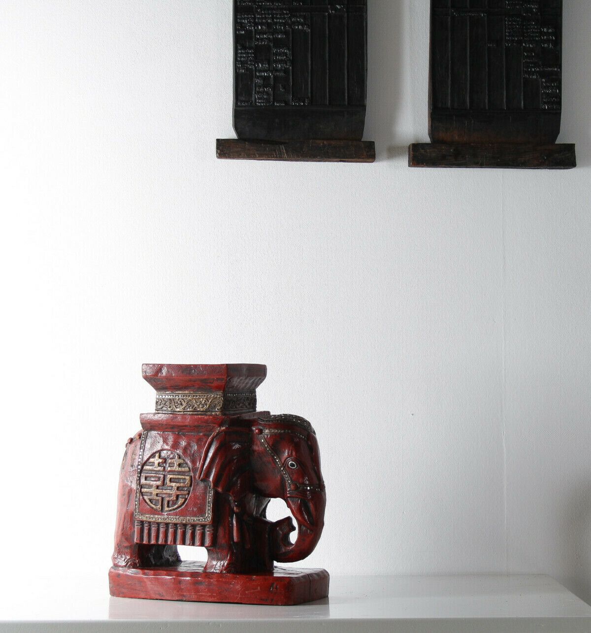 Large Carved Wood Hand Painted Elephant Side Table | Plant Stand | Shelf Art photo 395.0