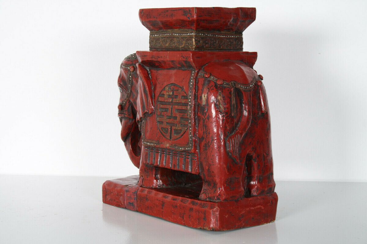 Large Carved Wood Hand Painted Elephant Side Table | Plant Stand | Shelf Art photo buy