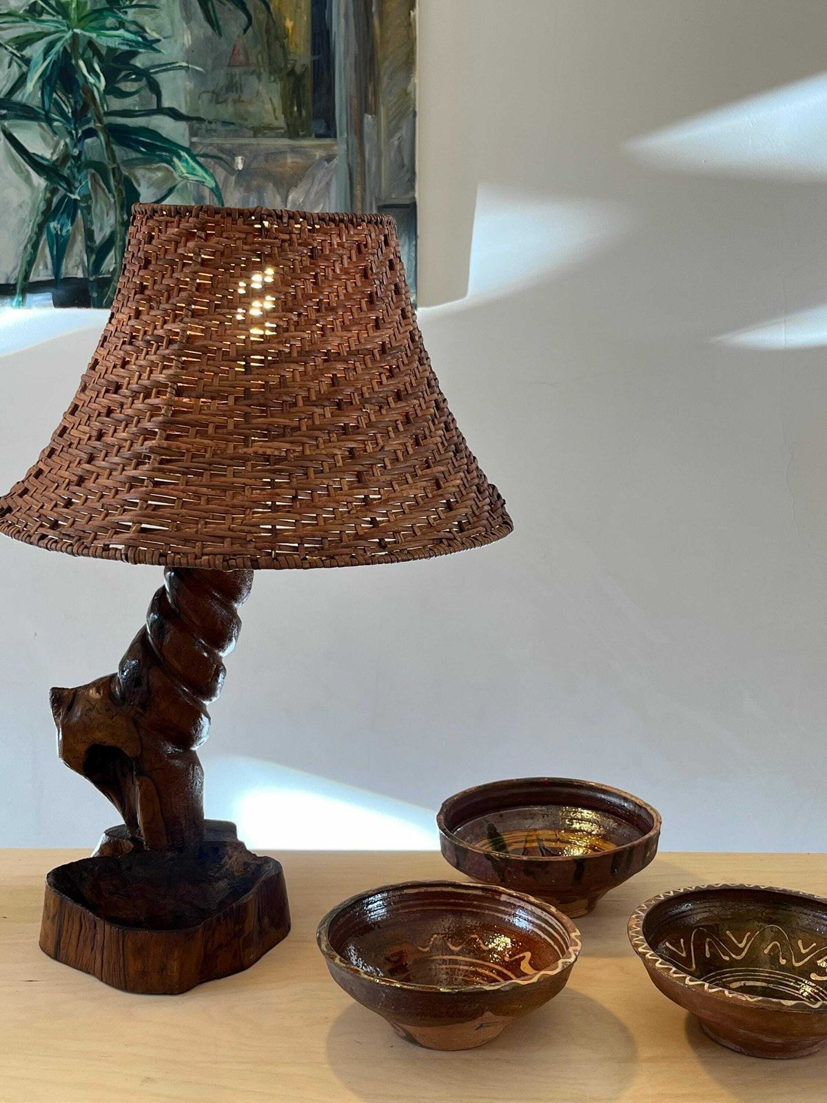 Vintage Brutalist Free Form Wooden Lamp With Rattan Shade photo furniture