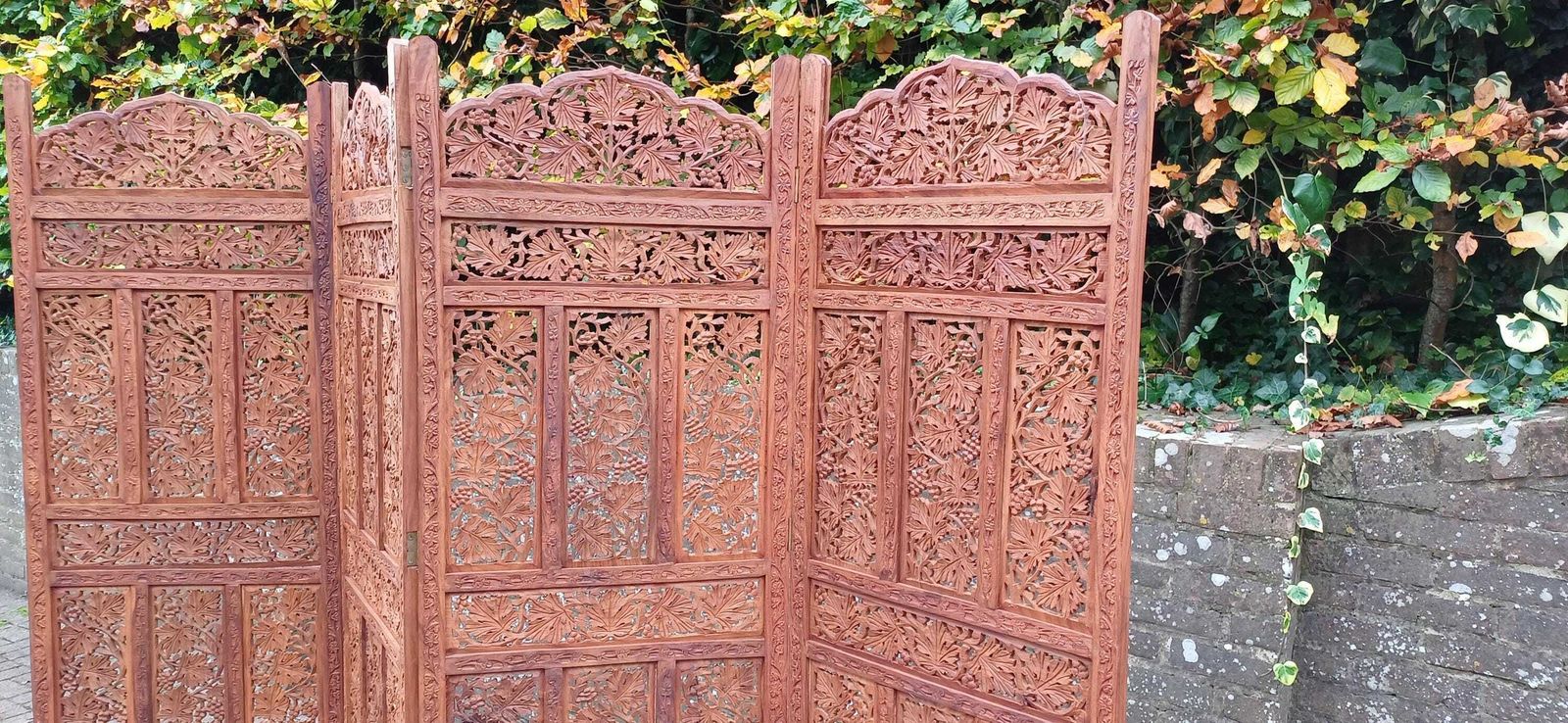 Huge Top Quality 70s/80s Carved Folding Screen Room Divide Grapevine & Middle Eastern Motif Heavy Vintage Room Divider Free Hand Delivery photo for sale