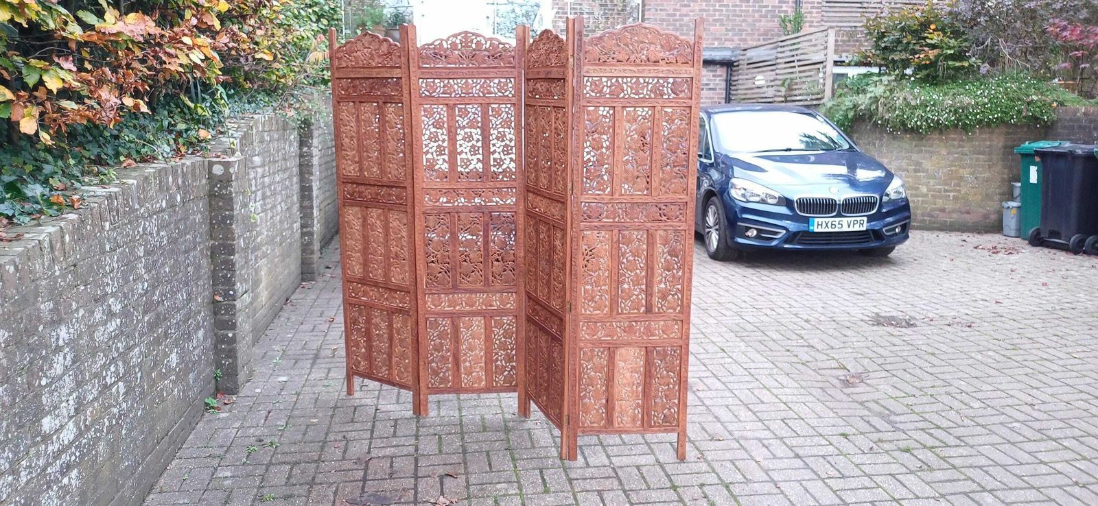 Huge Top Quality 70s/80s Carved Folding Screen Room Divide Grapevine & Middle Eastern Motif Heavy Vintage Room Divider Free Hand Delivery photo vintage