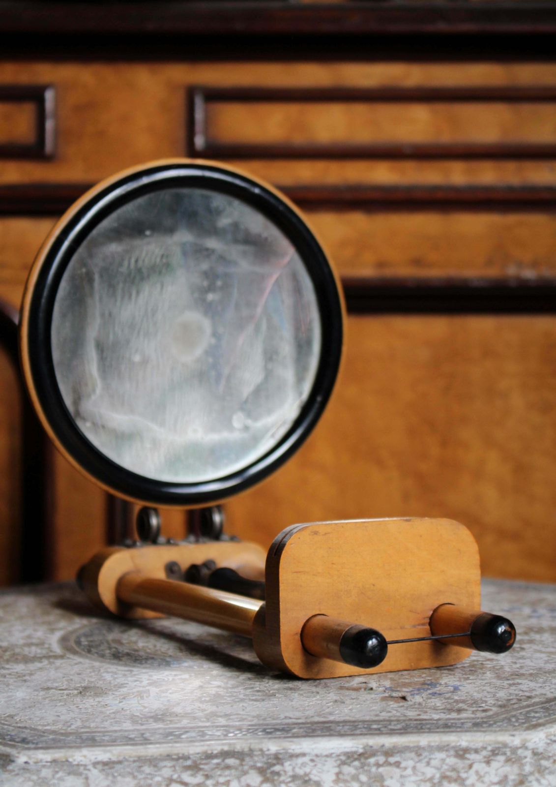Circa 1890 French Satinwood Concave Distortion Mirror Viewer Scientific photo furniture
