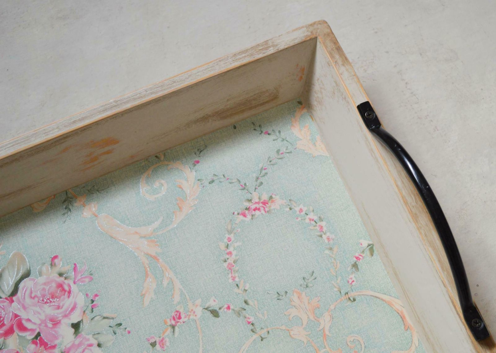 Large Serving Tray, Hand Painted Beige Tray With Black Metal Handles, Shabby Chic Pink Roses Decoupage Wooden Decorative Tray 48x37x11 Cm photo 50.0
