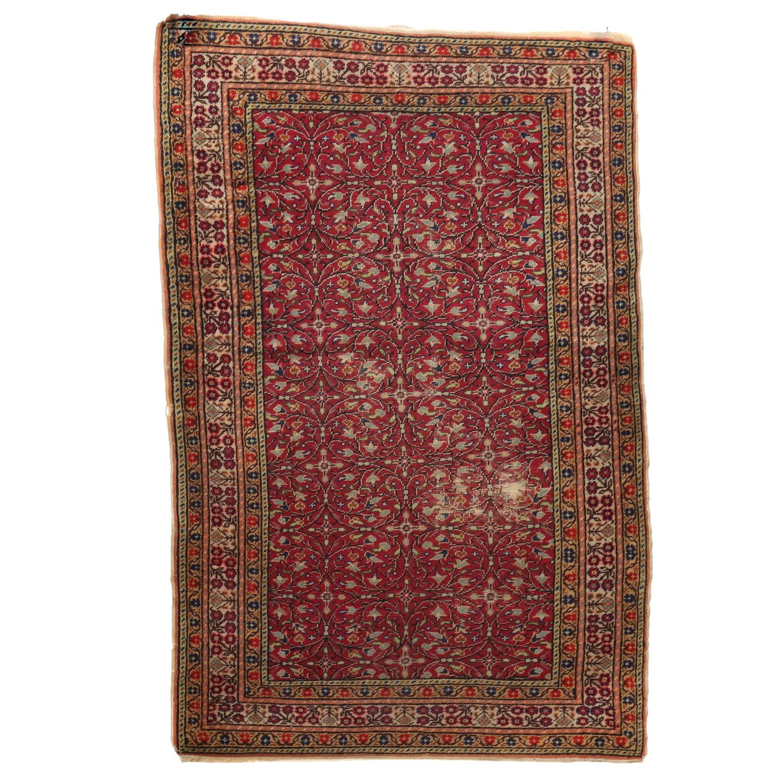 Antique Kaisery Carpet Cotton Wool Thin Knot Turkey 53 X 34 In