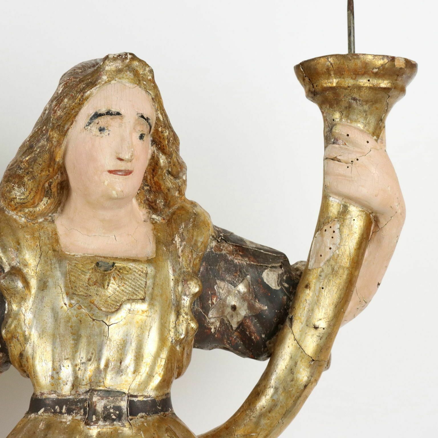Antique Candle Holders Angel Shaped Lacquered Wood XVIII Century photo Home Decor