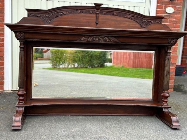Rare Victorian Mirror Backed Mantel | Hand Carved Detail | Large Statement Piece photo Home Decor