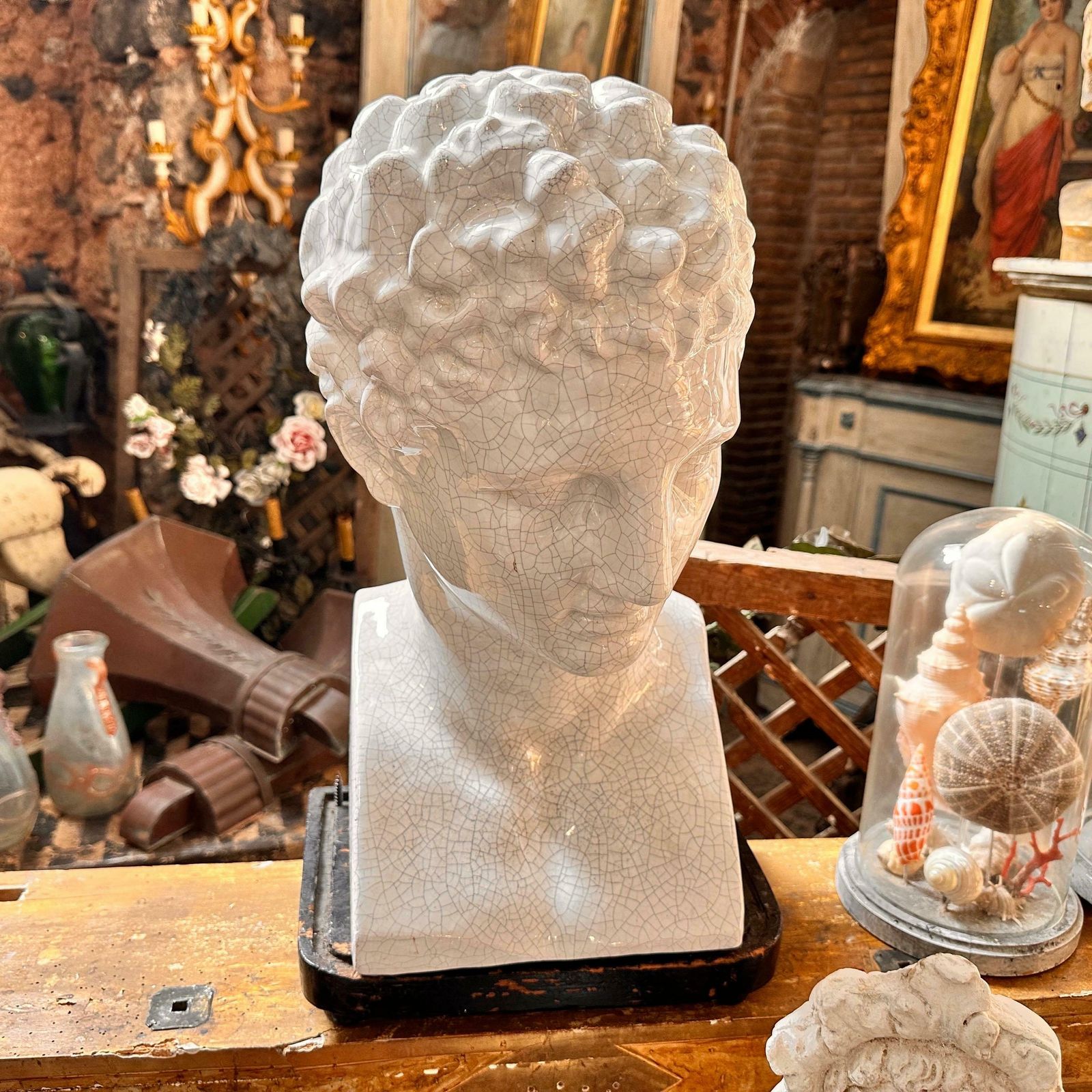1950s Neoclassical White Crackled Ceramic Italian Bust Of Antinoo photo Art
