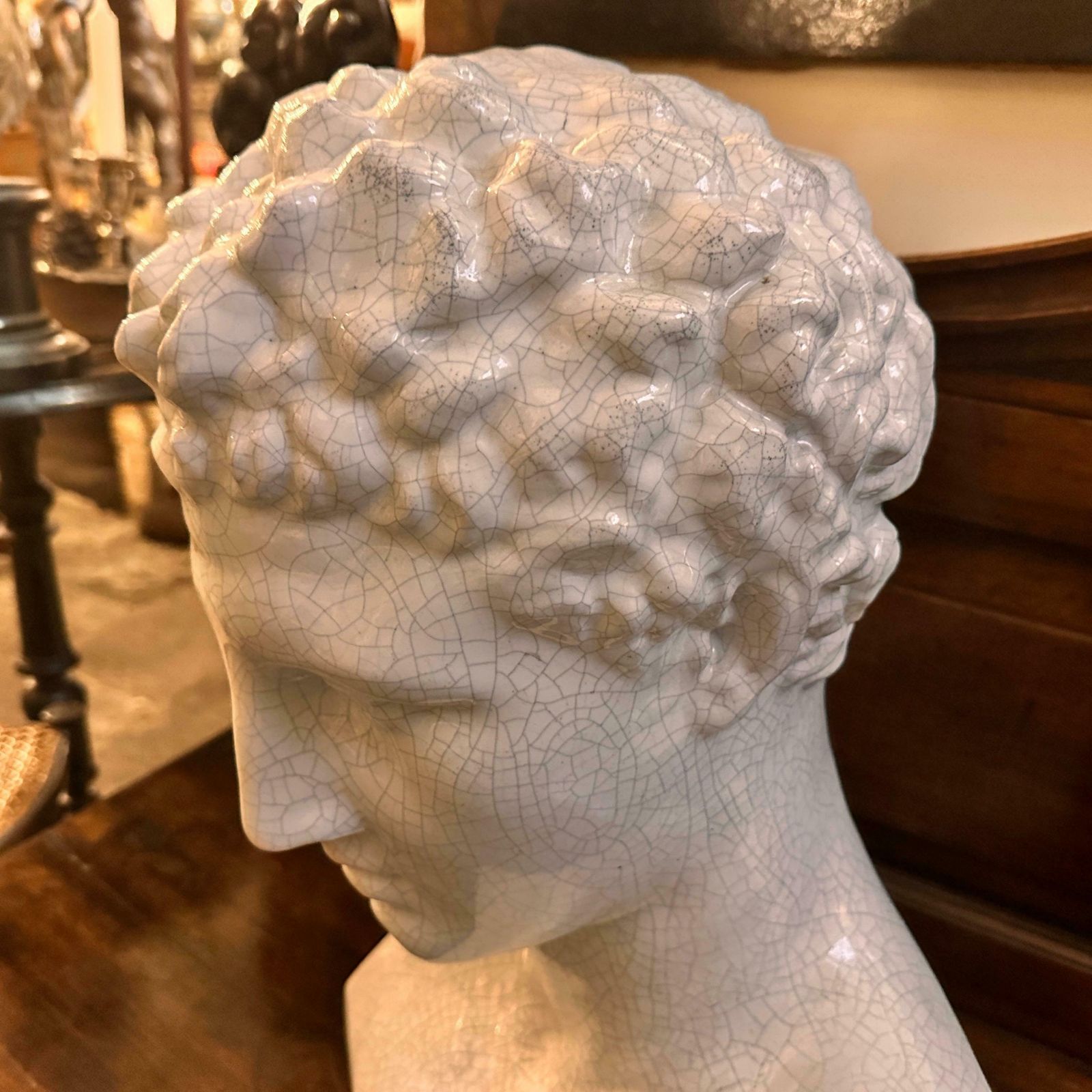 Art 1950s Neoclassical White Crackled Ceramic Italian Bust Of Antinoo photo