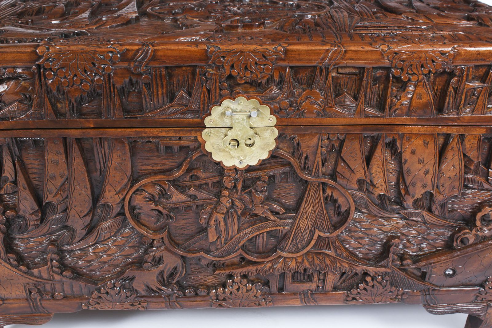 Antique Chinese Carved Camphor Wood Trunk Coffer 20th Century photo vintage