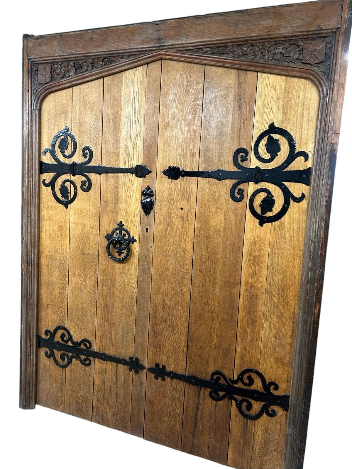 Large Oak Front Doors Frame Reclaimed Period Double Period Manor Carved Iron photo Home Fixtures