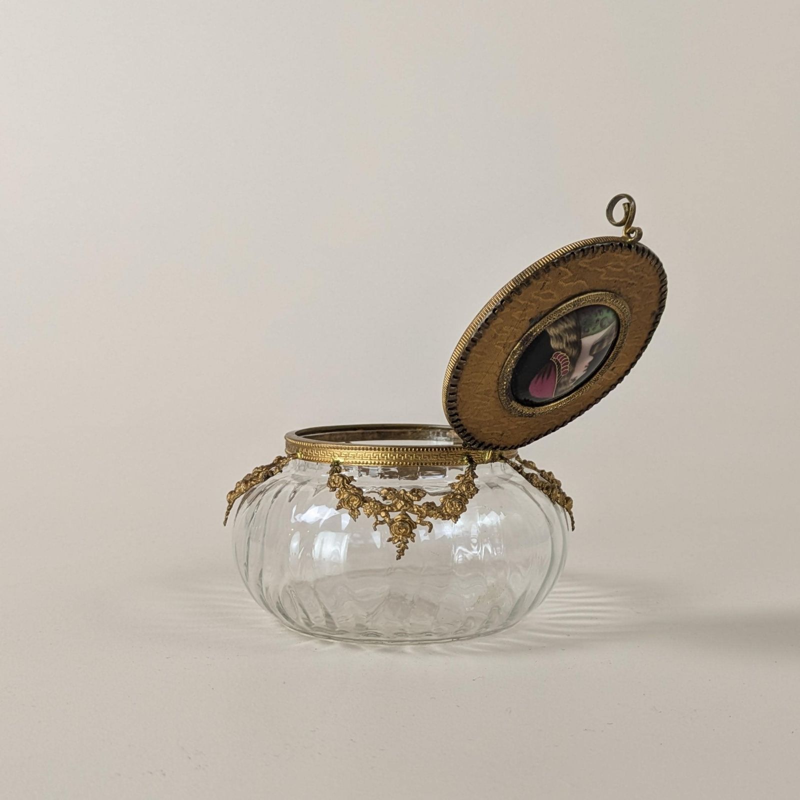 Antique French Neoclassic Gilt Bronze Glass And Painted Porcelain Portrait Powder Box With Mirror, 19th Century Trinket Container photo vintage