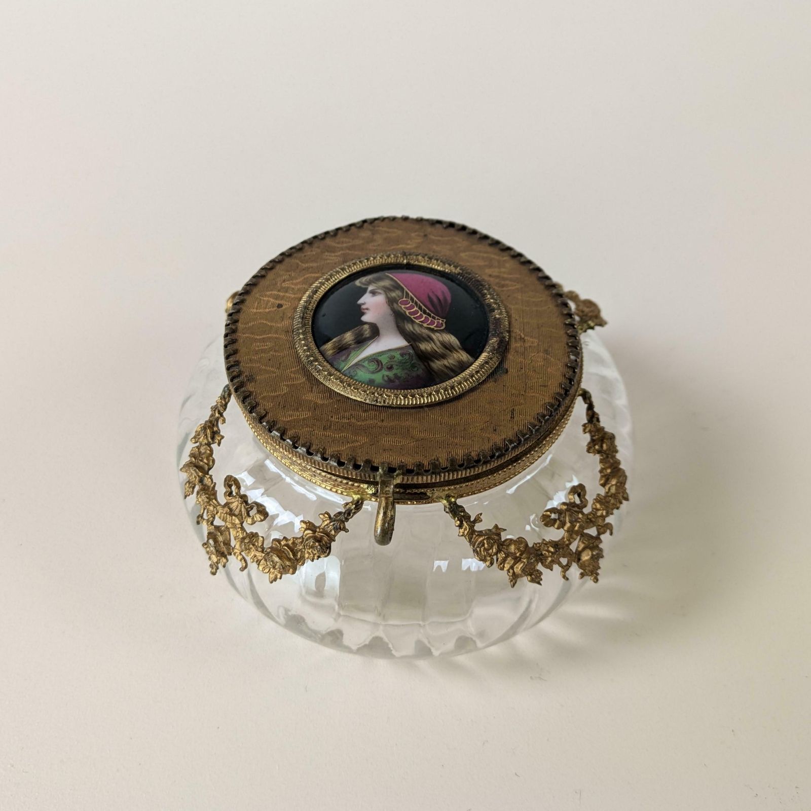 photo furniture Antique French Neoclassic Gilt Bronze Glass And Painted Porcelain Portrait Powder Box With Mirror, 19th Century Trinket Container
