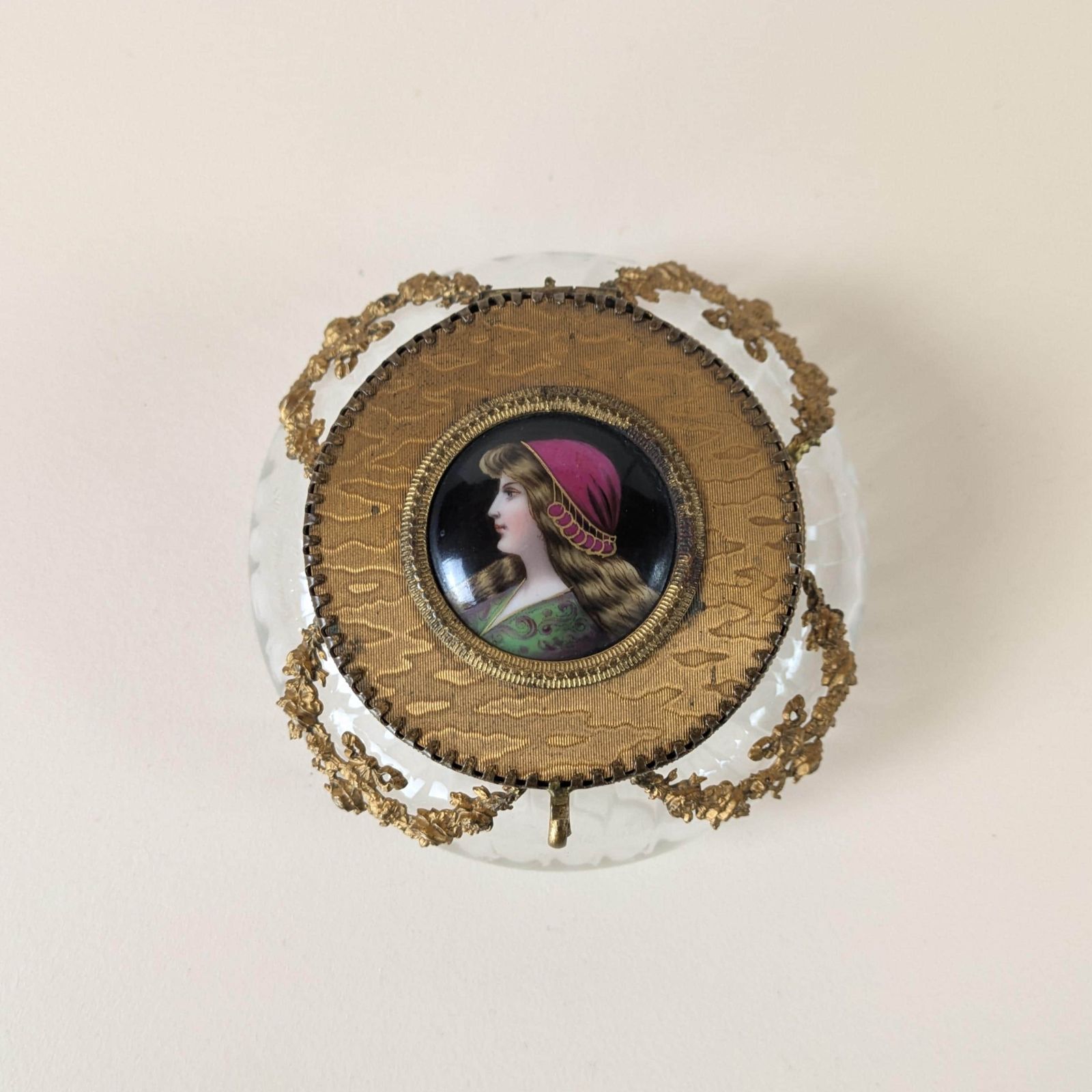 photo for sale Antique French Neoclassic Gilt Bronze Glass And Painted Porcelain Portrait Powder Box With Mirror, 19th Century Trinket Container