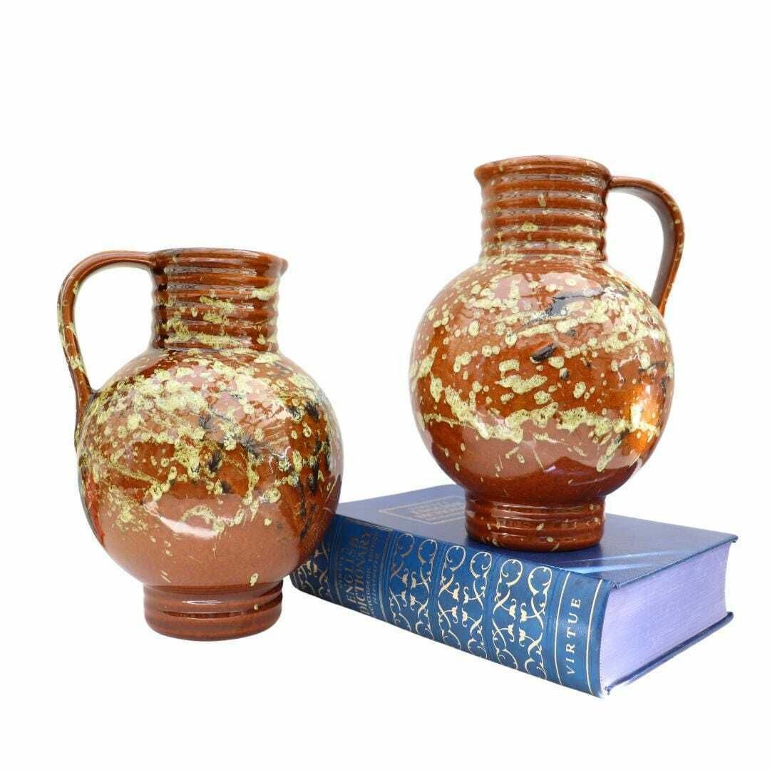 Pair Of Mid Century Marei Keramik Vase Jug 7302 Brown And Deep Blue, Pair Of West German Vases Earthy Tones