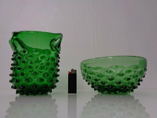 Italian Green Bubble Glass Bowls By Empoli, 1960s, Set Of 2 photo vinterior