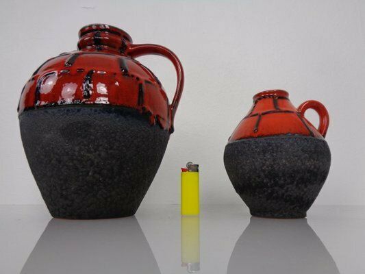 Red & Black Lava Ceramic Vases By Heinz Siery For Carstens, 1960s, Set Of 2 photo vinterior