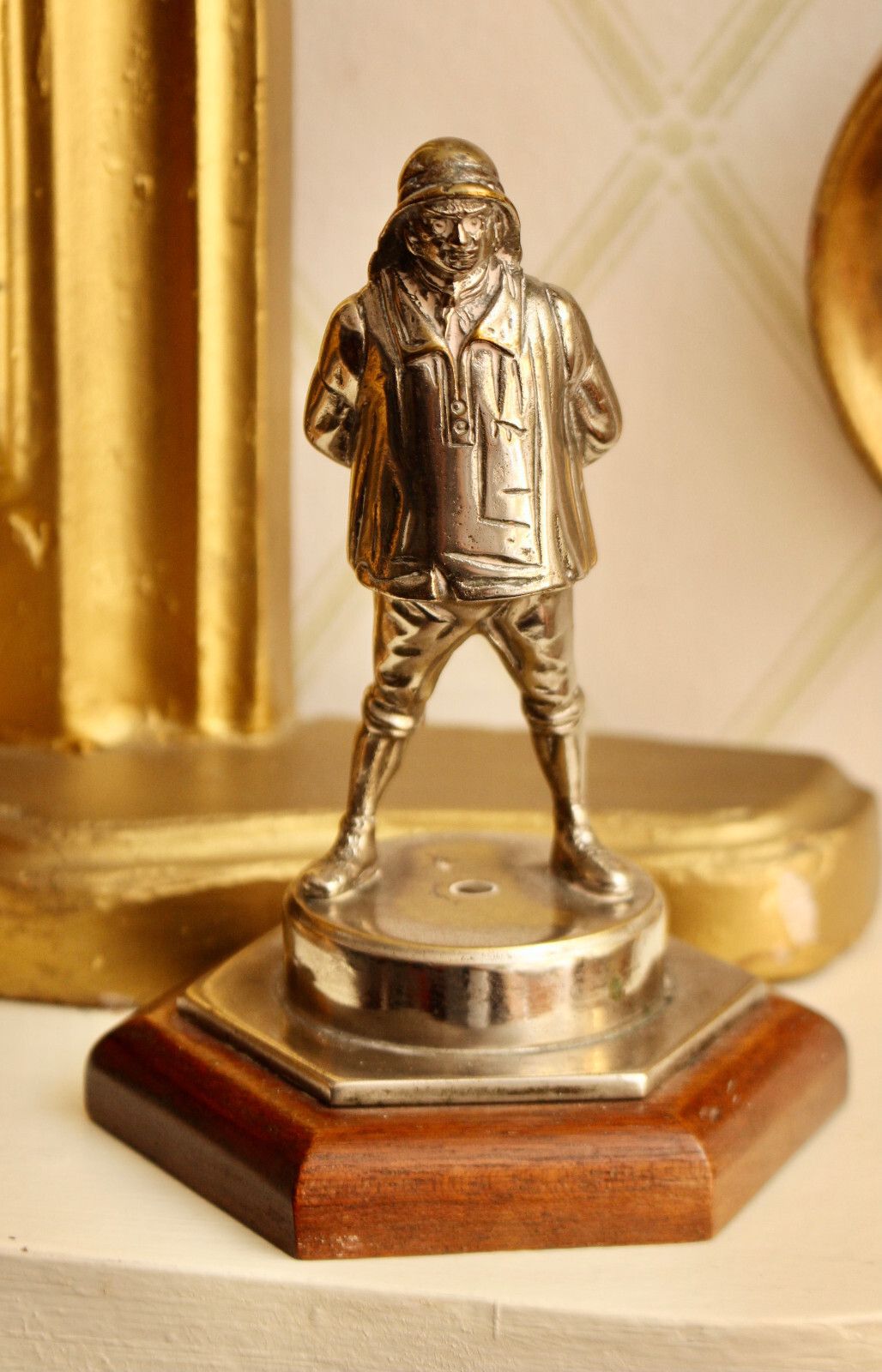 A Nickel/Chrome Plated Brass Fisherman Car Bonnet Mascot, Mounted As Paperweight photo furniture