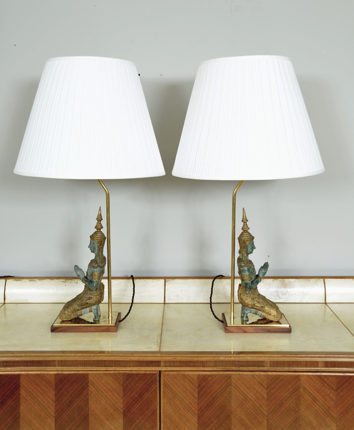 Pair 1960s Bronze Brass Gilt Thai Teppanom Buddha Table Lamps James Mont Style Belgium