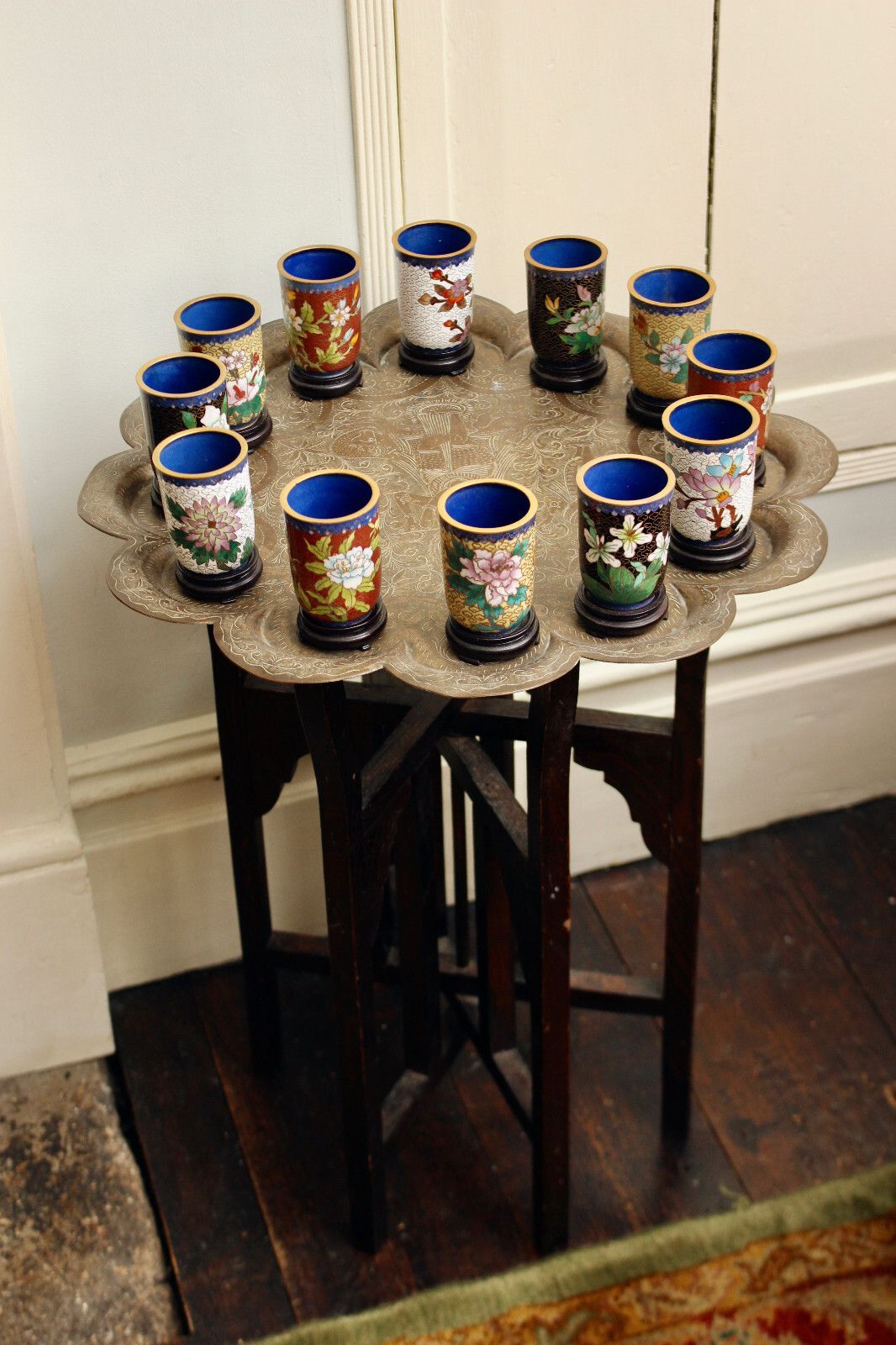 A Quality Set Of 12 Chinese Cloisonné Beakers Tumblers On Stands photo furniture