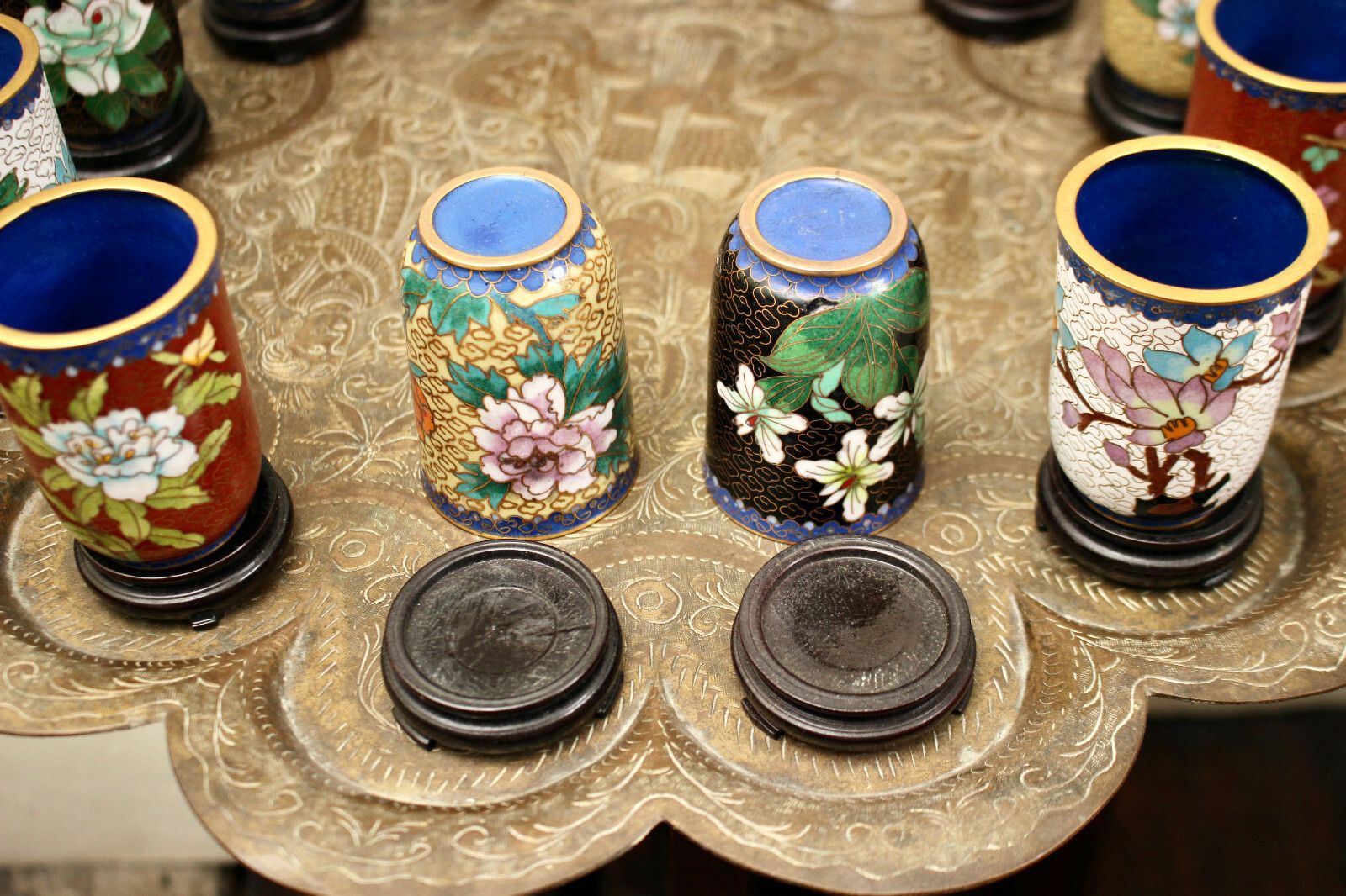 A Quality Set Of 12 Chinese Cloisonné Beakers Tumblers On Stands photo 195.0