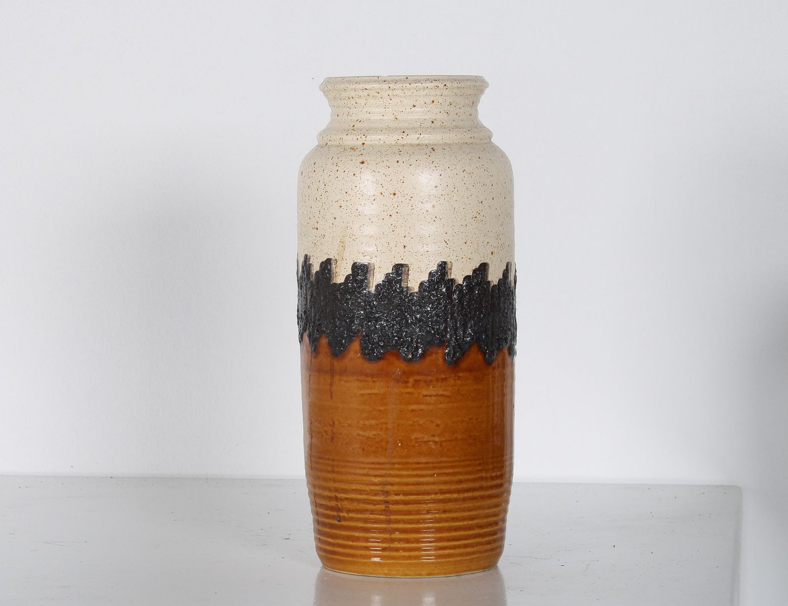 A Large Vibrant West German Pottery Fat Lava Vase In Orange, Black And Cream By Bay photo Home Decor