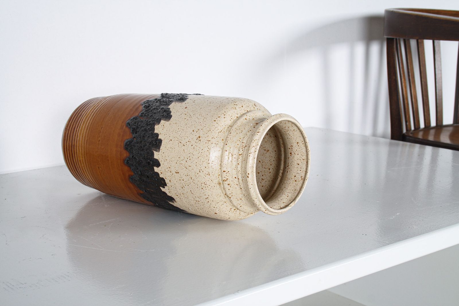 A Large Vibrant West German Pottery Fat Lava Vase In Orange, Black And Cream By Bay photo vinterior