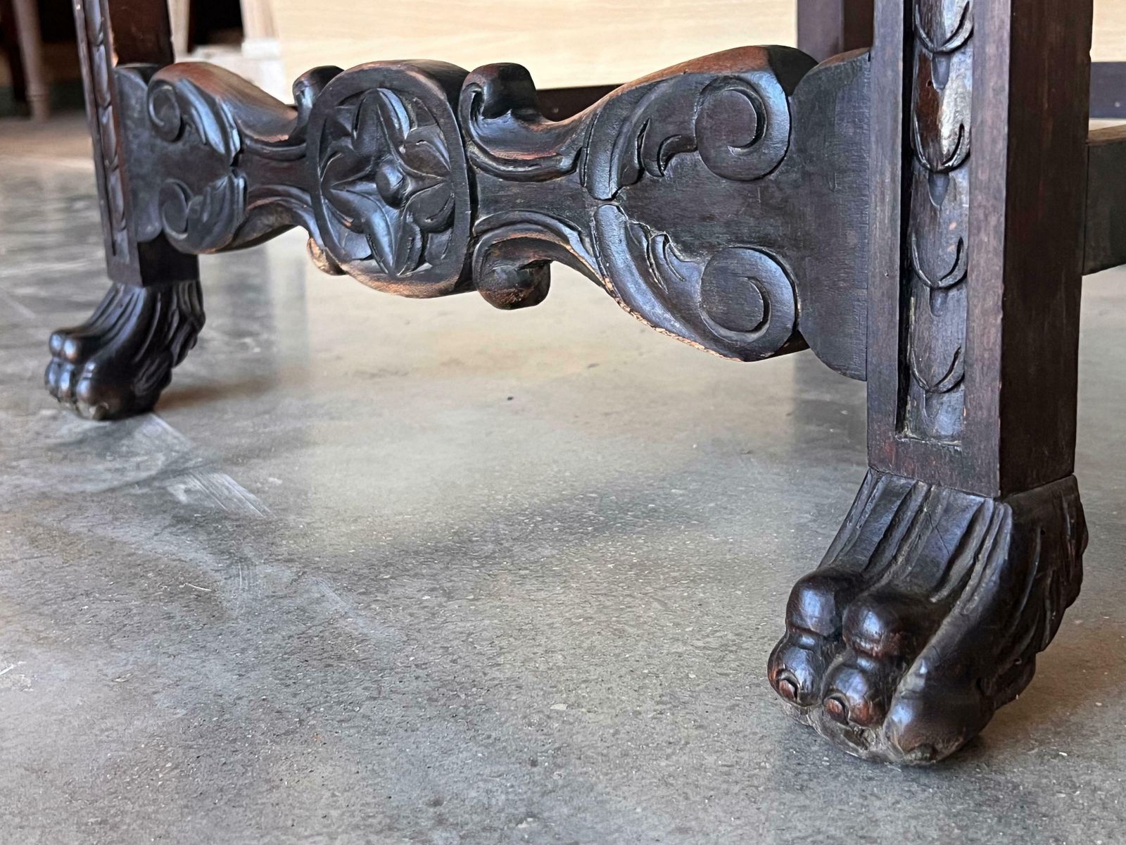 photo for sale 19th Spanish Carved Walnut Armchair With New Black Leather And Solomonic Columns