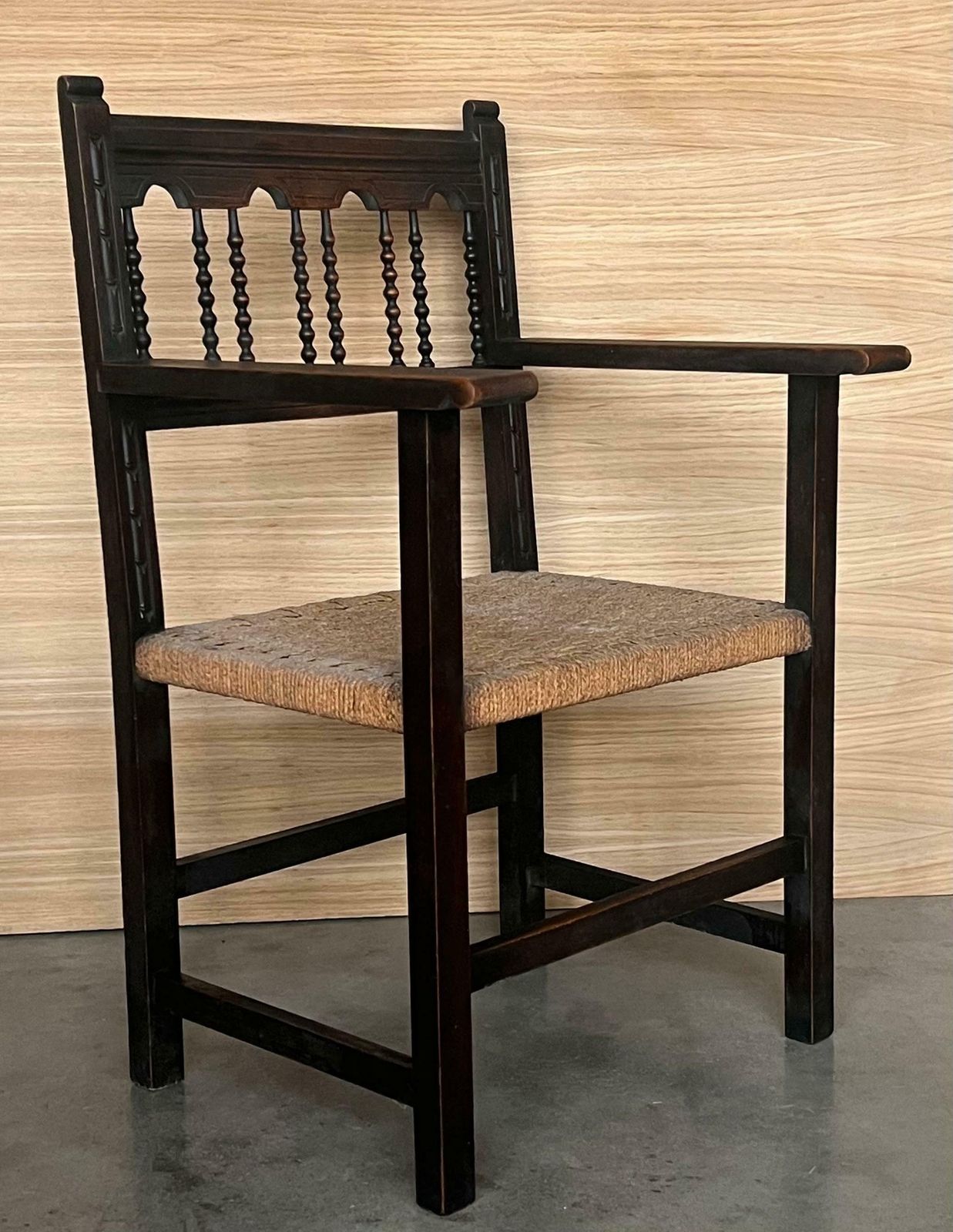 20th Century Pair Of Catalan Throne Armchairs In Walnut And Caned Seats photo vintage