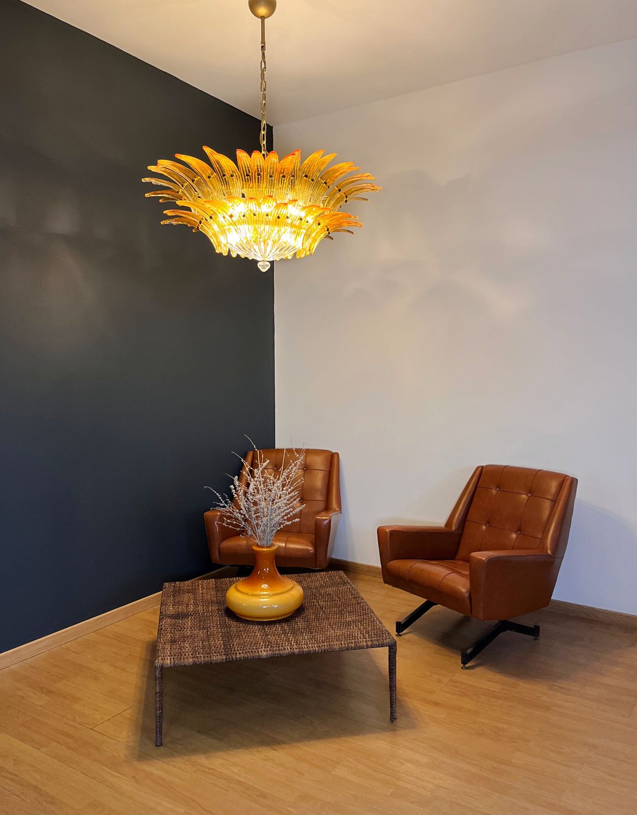Murano Chandelier Original Palmette, Two Levels, 82 Amber Glasses photo furniture