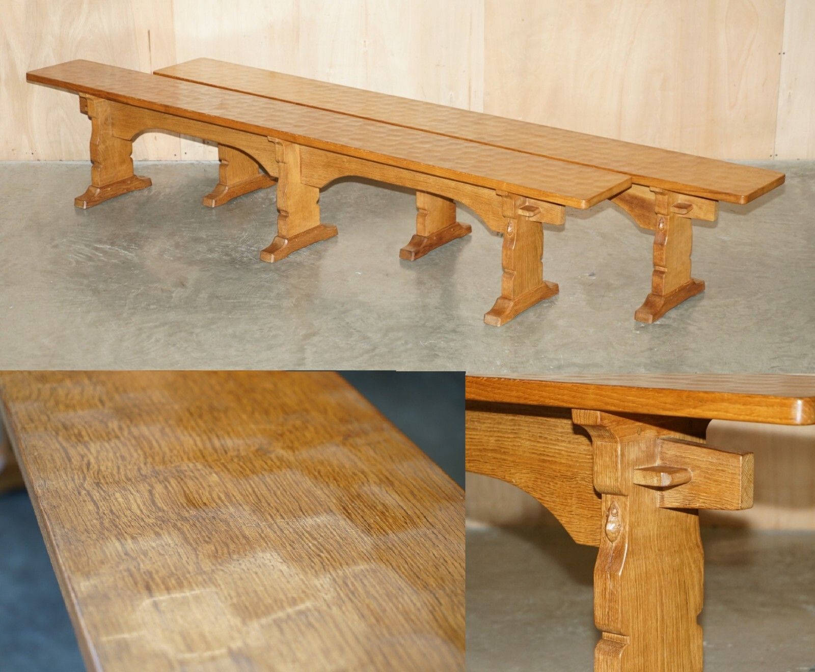 Pair Of Vintage Adzed Robert Mouseman Thompson Dining Room Table Pew Benches