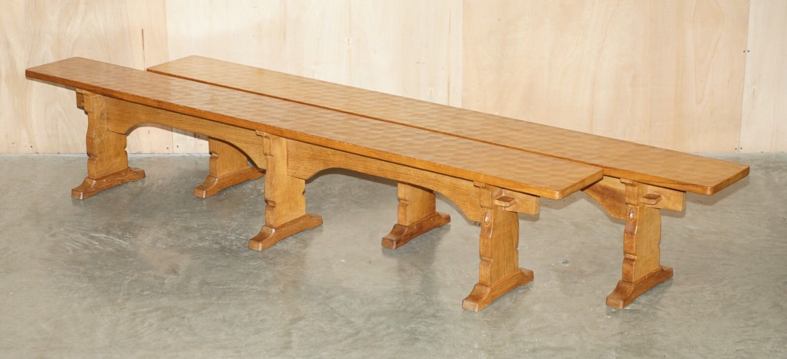 Pair Of Vintage Adzed Robert Mouseman Thompson Dining Room Table Pew Benches photo furniture