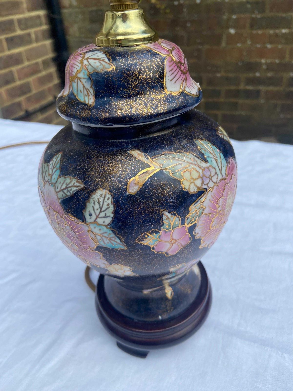 Original Vintage C A Lighting Oriental Ginger Jar Style Table Lamp   Navy And Gold With Pink Bold Flowers   Working Condition photo Lighting