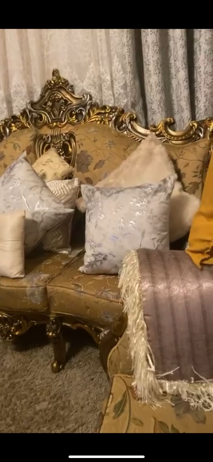 Elegant Antique Gold 3 Seat Sofa With Exquisite Carved Frame And A Matching Set Of 4 Chairs. photo for sale