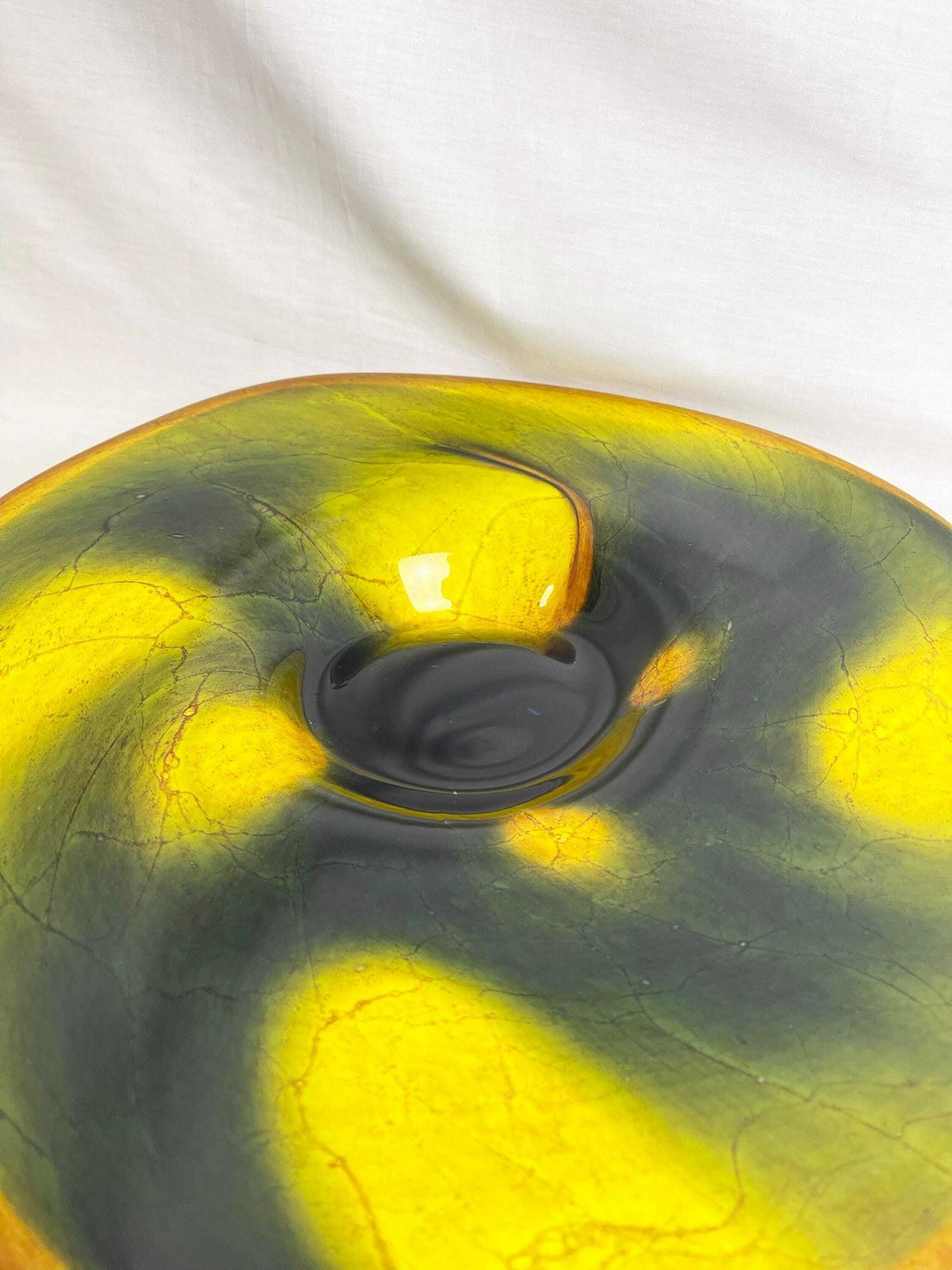 Vintage Large Yellow And Black Glass Bowl. Large Unusual Glass Dish, Vintage Artglass, Mid Century Modern Aesthetic, Original photo vinterior