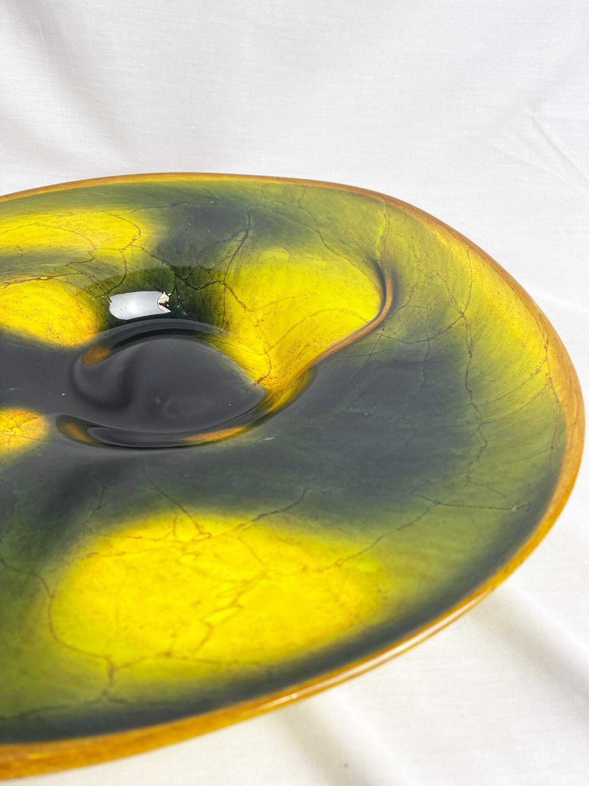 photo for sale Vintage Large Yellow And Black Glass Bowl. Large Unusual Glass Dish, Vintage Artglass, Mid Century Modern Aesthetic, Original