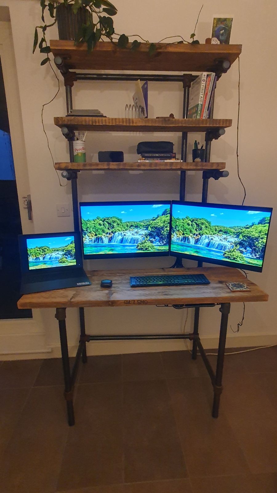 Industrial Desk And Shelving Unit (Reclaimed Scaffold Boards & Steel Pipes)