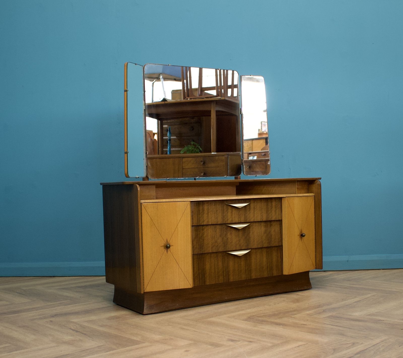 Vintage Mid Century Art Deco Style Walnut & Oak Dressing Table From Lebus,1950s photo for sale