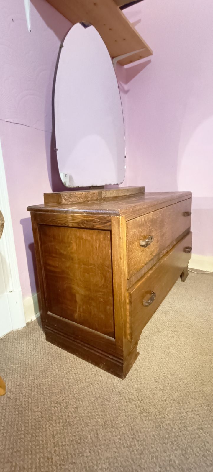 Art Deco Vanity Table/ Dresser Drawers With Oval Looking Glass