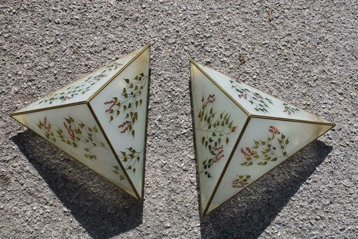 Pair Of Wall Lamps Triangle Design Italian Naturalist Painted Glass photo furniture
