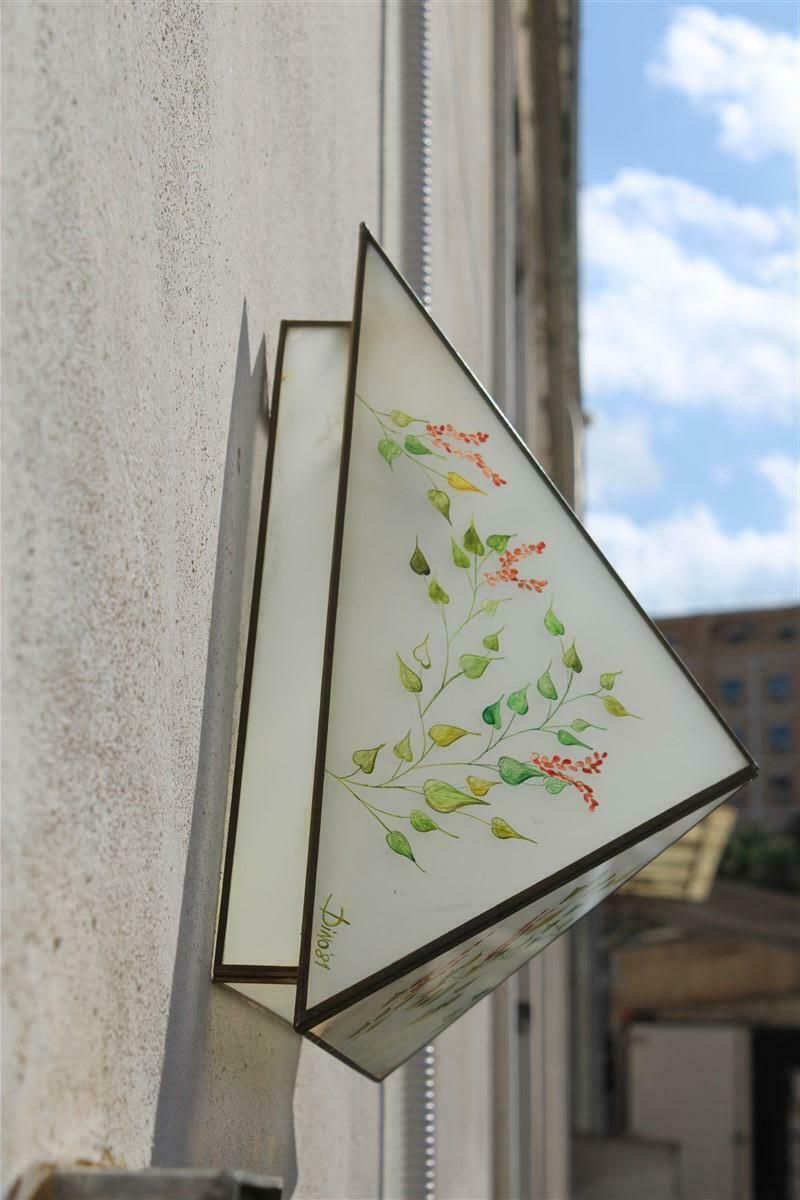 Pair Of Wall Lamps Triangle Design Italian Naturalist Painted Glass photo vintage