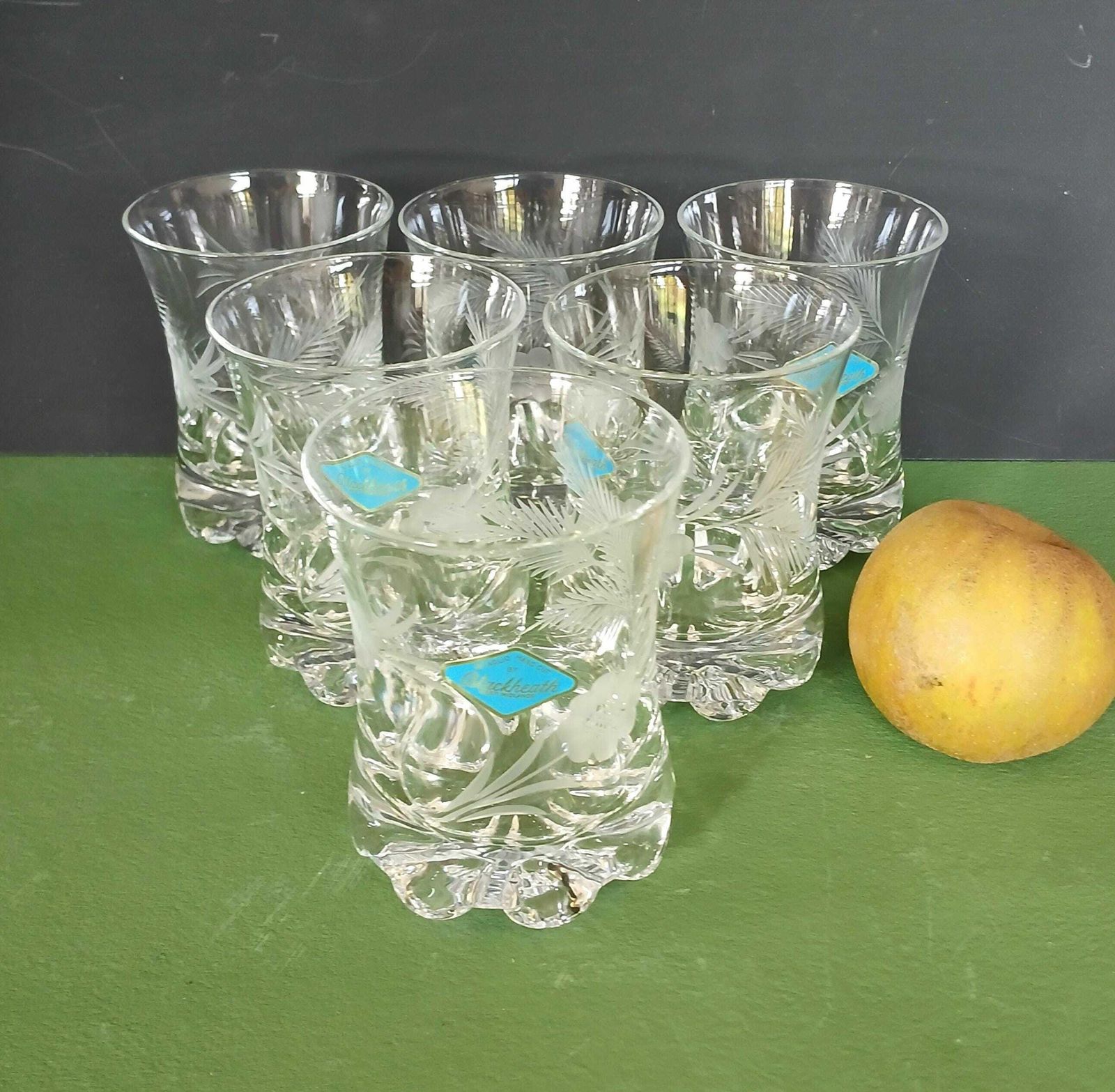 Rare Set Of 6 Vintage Crystal Etched Tumblers With Knobbly Bases, Blackheath Glassworks, England 1960s, Whisky, Old Fashioned, Cocktails