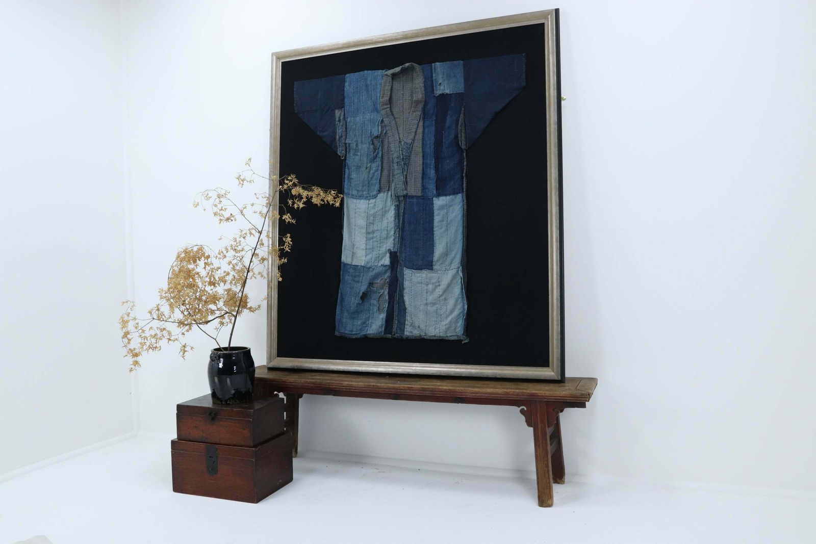 Meiji Period Japanese Indigo Framed Boro Kimono photo furniture
