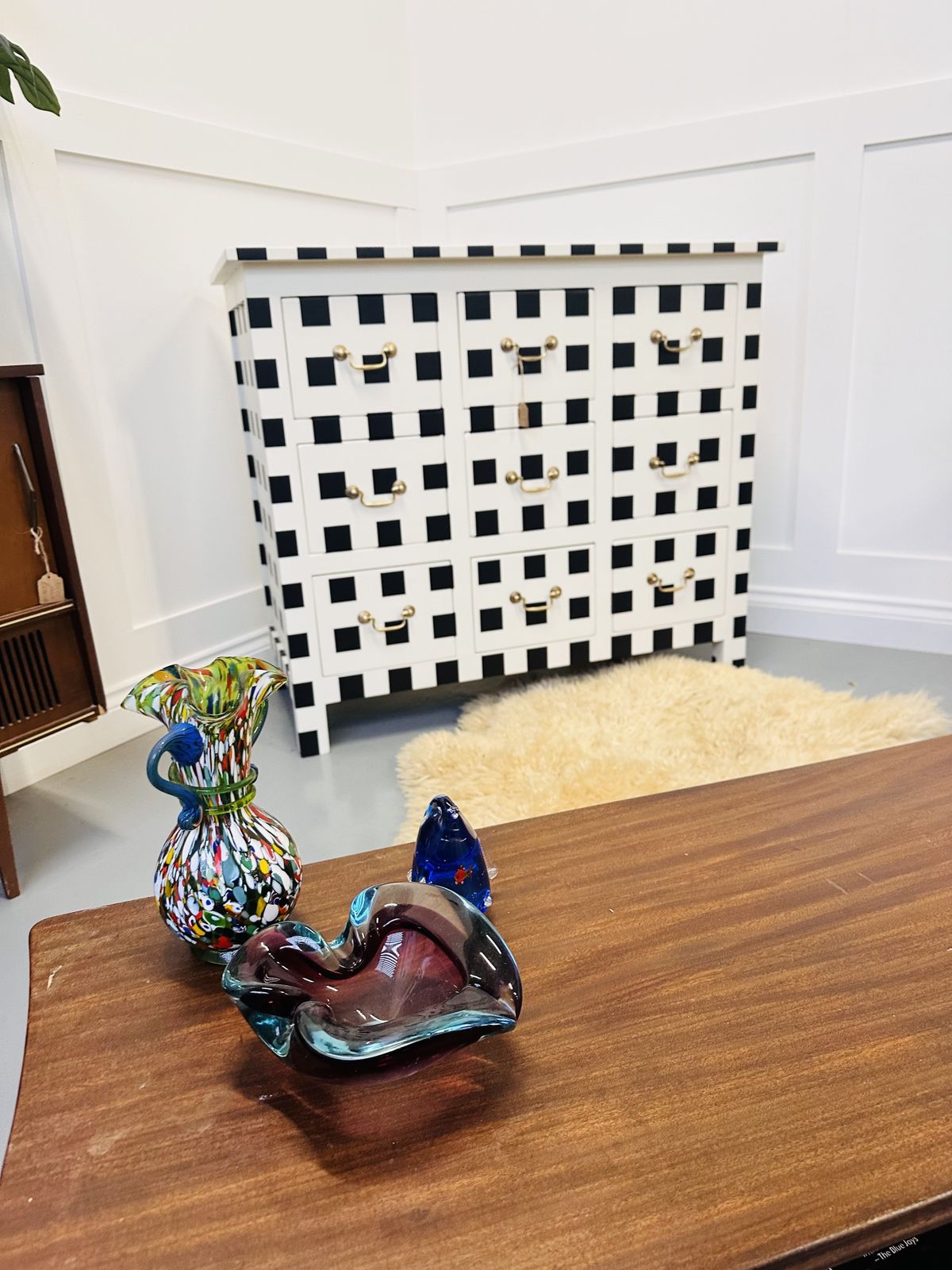 Striped/ Checkered Black And White Vintage Chest Of Drawers With Brass Handles, Painted To Order photo buy