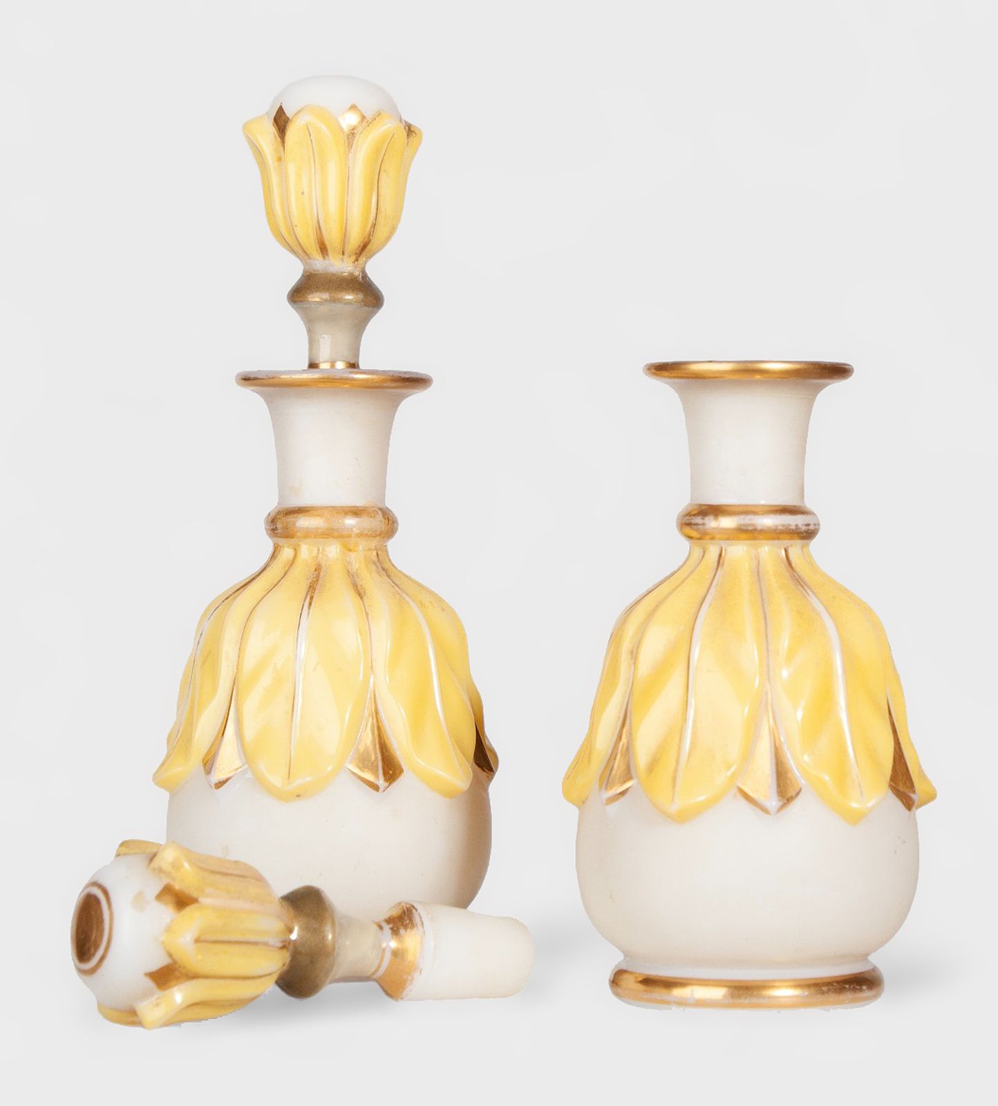 Pair Of Late 19th Century Bohemian/Art Nouveau Opaline Glass And Gold Enamel Flower Shaped Perfume Decanters/Scent Bottles With Stoppers, France photo for sale