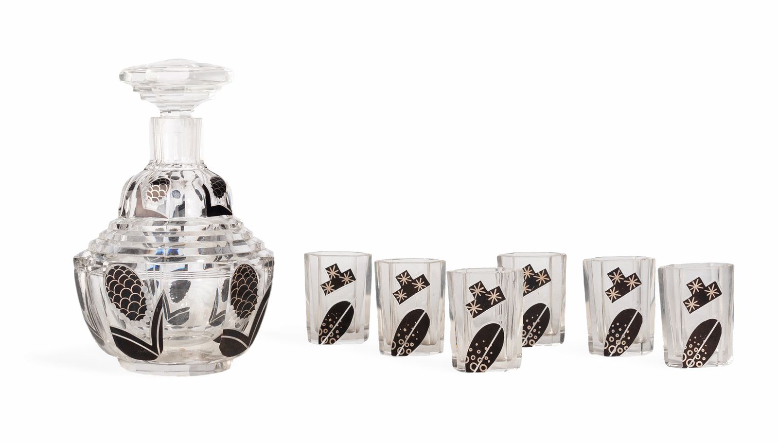 Set Of 1930s Art Déco Bohemian Black Enameled Crystal Decanter With Stopper And Six Glasses By Karl Palda, Czech Republic