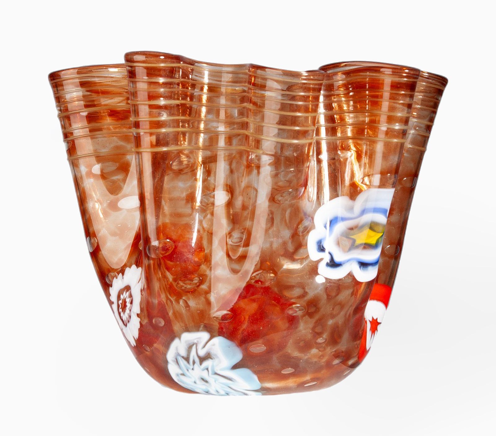 Mid 20th Century Modern Flowered Orange Murano Glass 'Fazzoletto' Vase With Folds, Italy photo furniture