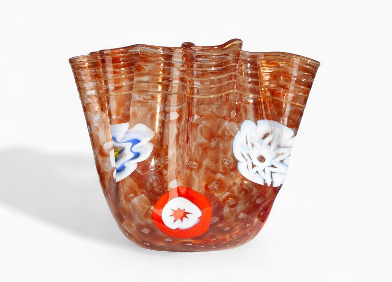 Mid 20th Century Modern Flowered Orange Murano Glass 'Fazzoletto' Vase With Folds, Italy photo 1350.0